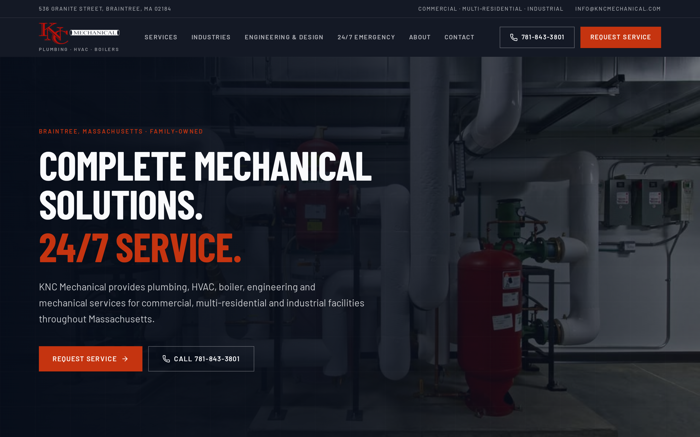 After — the redesign concept: a dark, high-contrast homepage with a bold headline, clear service navigation, and prominent call and request-service actions