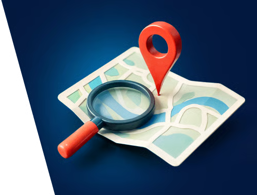 A magnifying glass over a local map with a red location pin, representing local search visibility