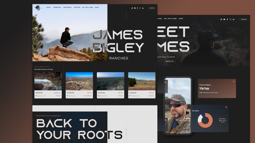 A modern website design with bold typography and property listing cards