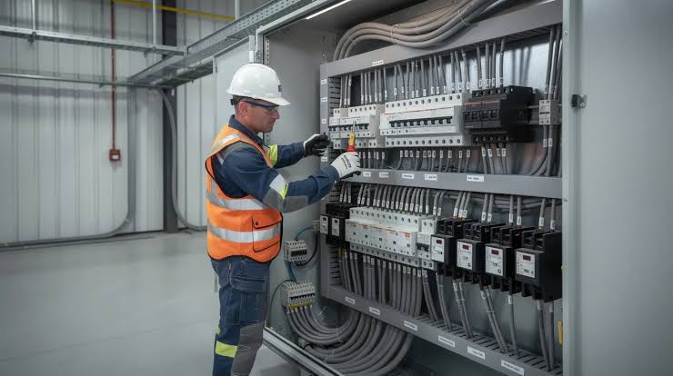 Two tradesmen working on copper pipe and an electrical panel in a mechanical room