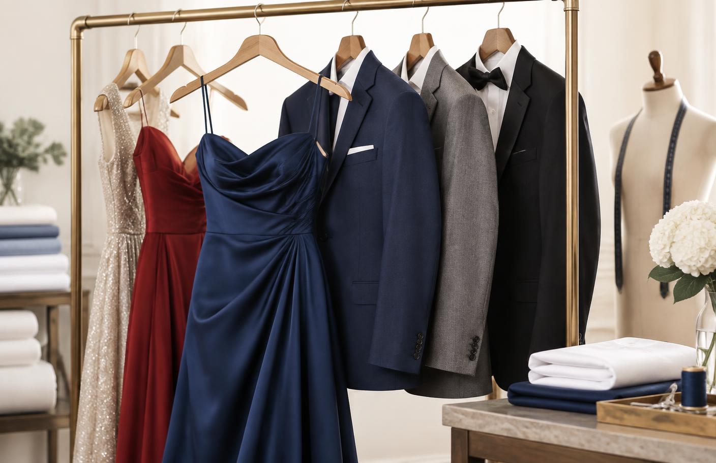 A pressed suit and formal dress prepared for a special occasion