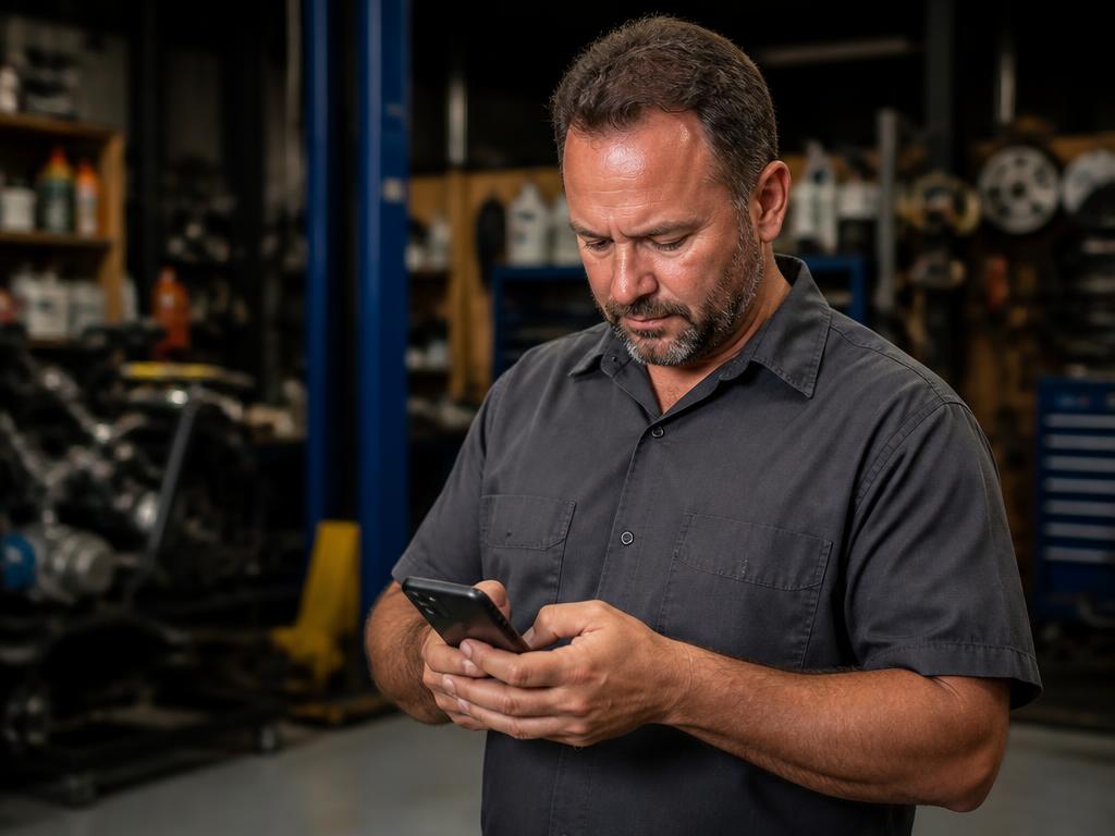 A service business owner checking his phone inside his shop