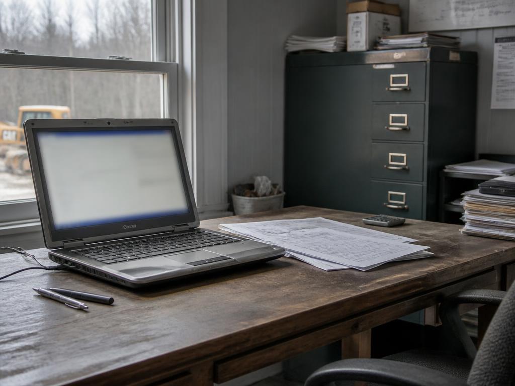 An older laptop on a worn wooden desk in a small contractor's back office