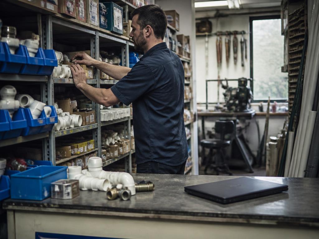 A busy shop owner working while a closed laptop sits on the counter