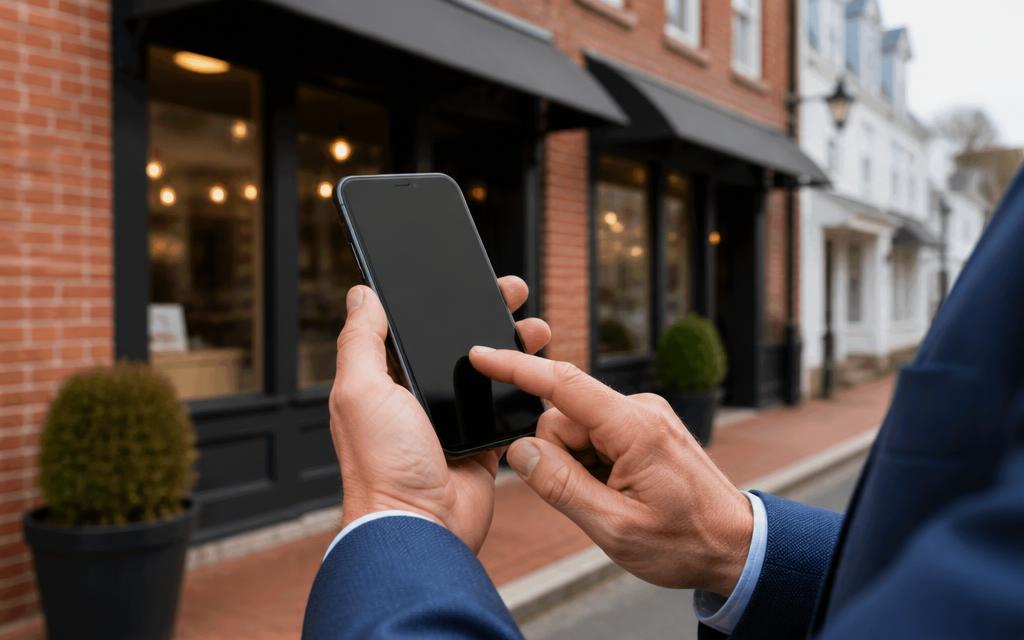A business owner holding a phone outside a brick New England storefront