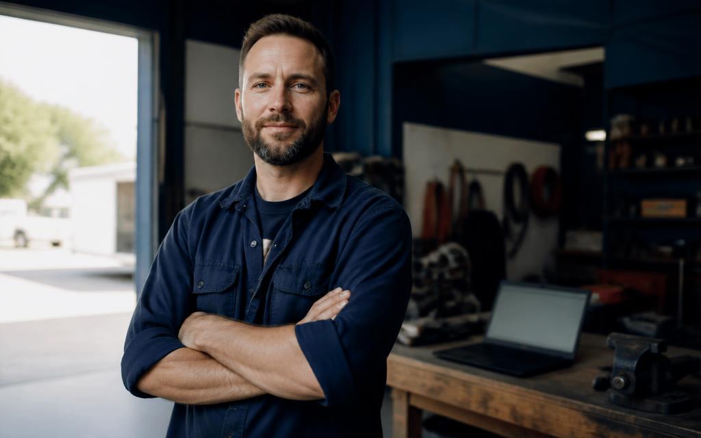 A tradesman standing confidently in his equipment bay with a laptop on the workbench behind him