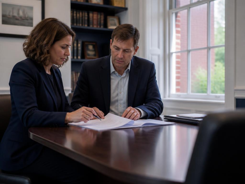 Two professionals reviewing documents in a small brick-building office