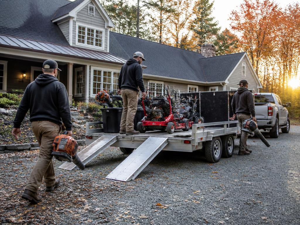 A landscaping crew loading equipment onto a trailer outside a New England home