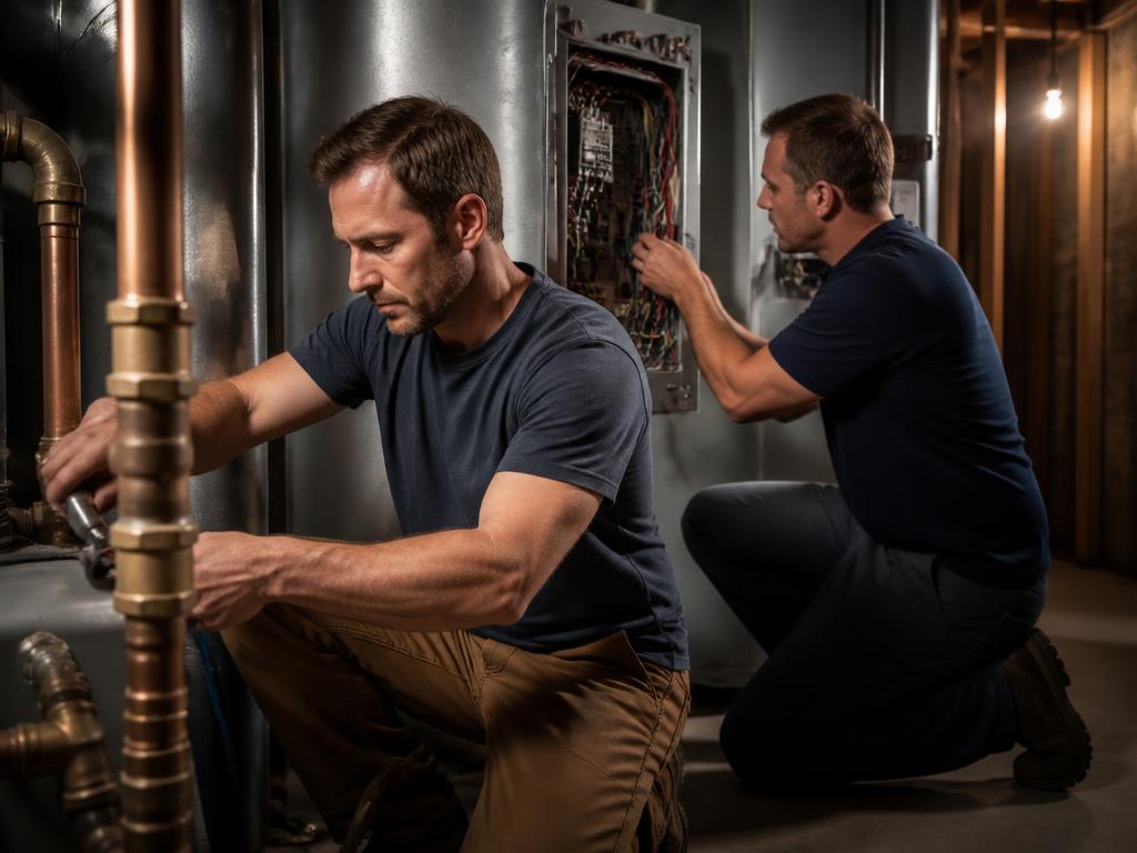 Two tradesmen working on copper pipe and an electrical panel in a mechanical room
